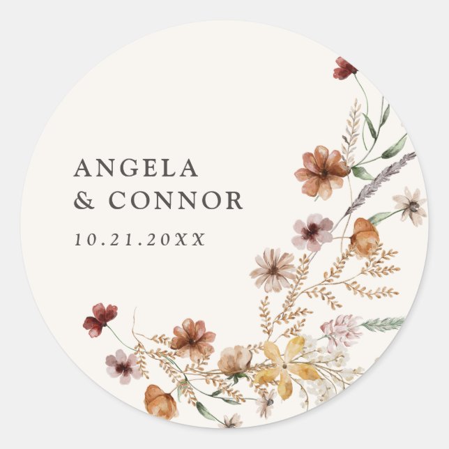 Boho Fall Wildflower Wedding Classic Round Sticker (Front)