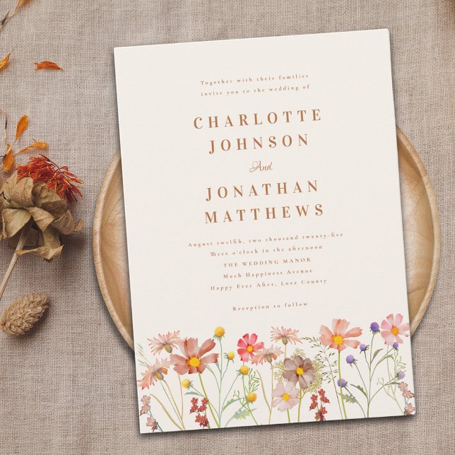 Boho Fall Wildflower Wedding Invitation (Boho fall Wildflower meadow Wedding invitation rustic country meadow watercolor florals burnt orange)
