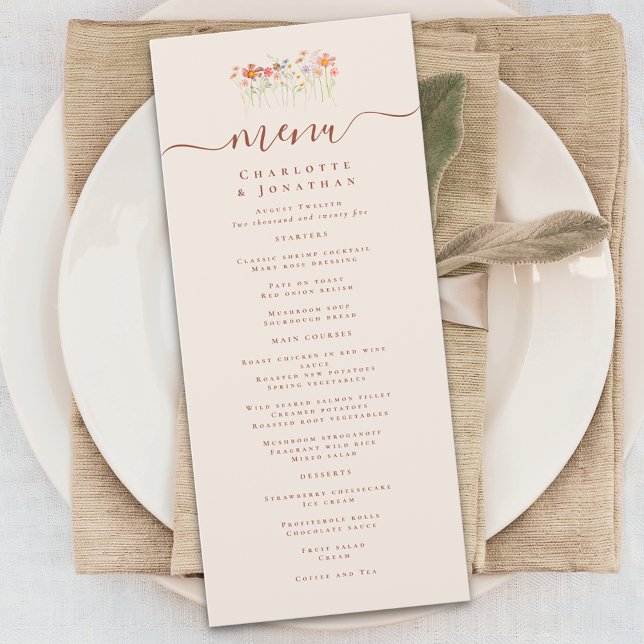 Boho Fall Wildflower Wedding Menu (Elegant boho fall Wildflower floral beige tan Wedding menu card terracotta rust script)