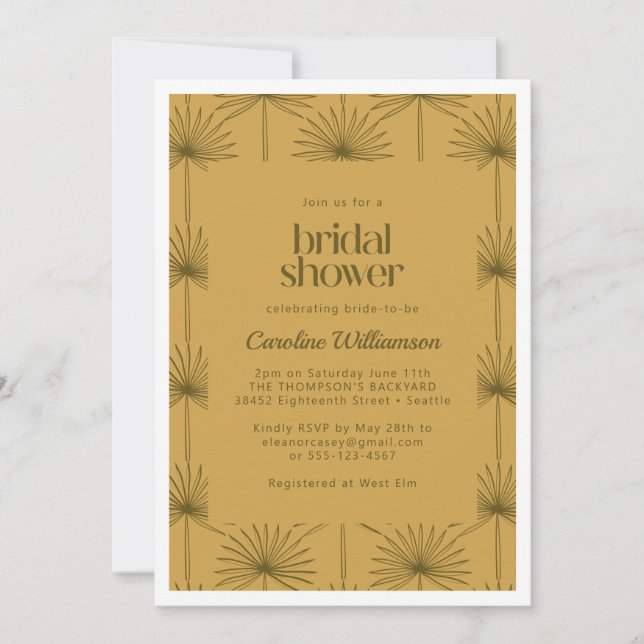 Boho Fan Palm Leaf Botanical Mustard Bridal Shower Invitation (Front)