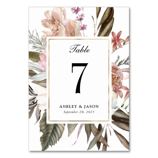 Boho Fantasy Watercolor Floral Wedding Table Number (Front)