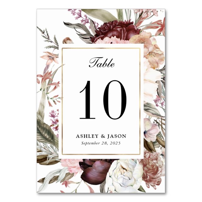 Boho Fantasy Watercolor Floral Wedding Table Number (Front)