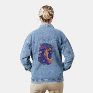 Boho Fantasy Woman with Floral Hair Denim Jacket