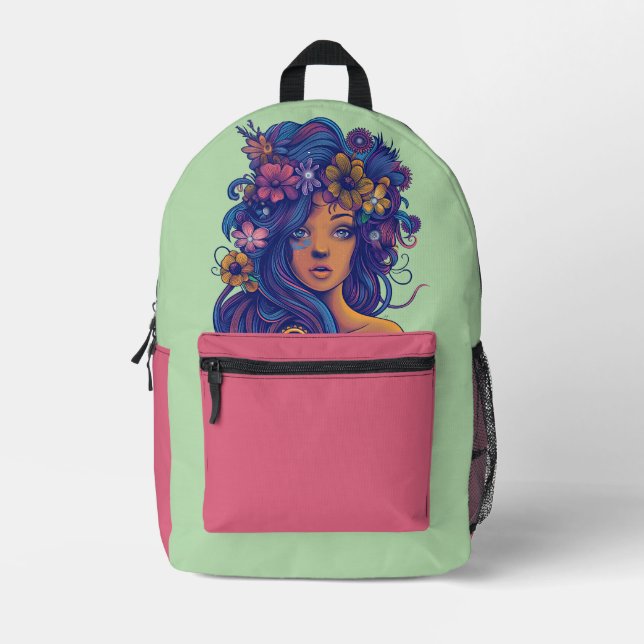 Boho Fantasy Woman with Floral Hair Printed Backpack (Front)