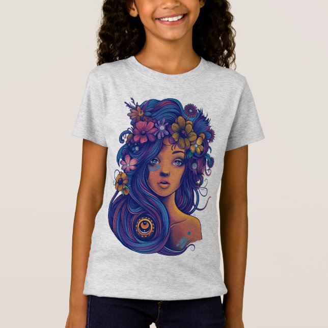 Boho Fantasy Woman with Floral Hair T-Shirt (Front)