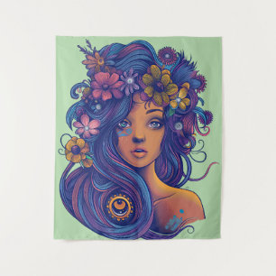 Boho Fantasy Woman with Floral Hair Tapestry
