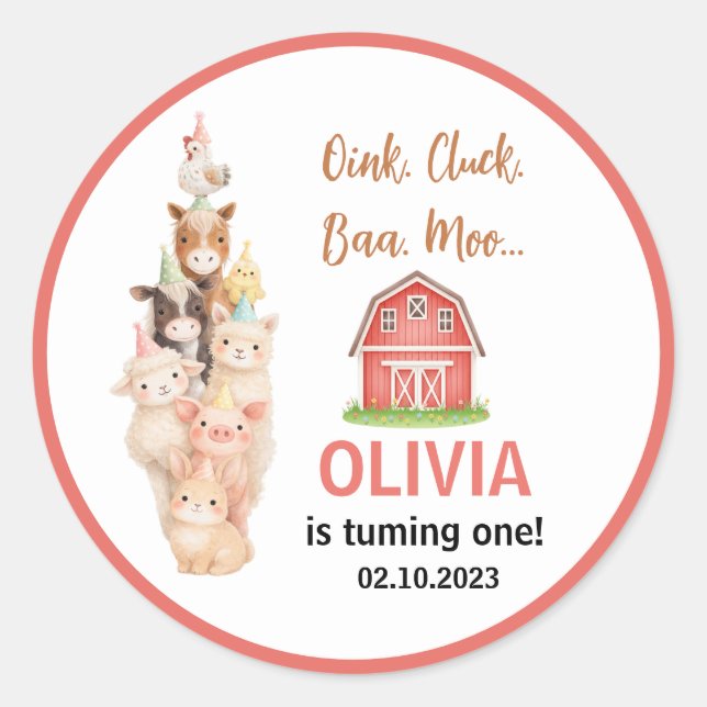 Boho Farm Animal 1st Birthday |Cute Rustic Barnyad Classic Round Sticker (Front)