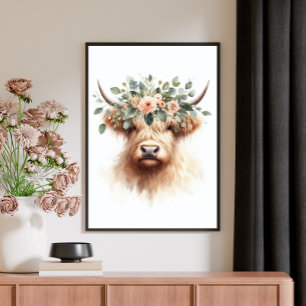 Boho Farmhouse Cow Print with Floral Crown Canvas 