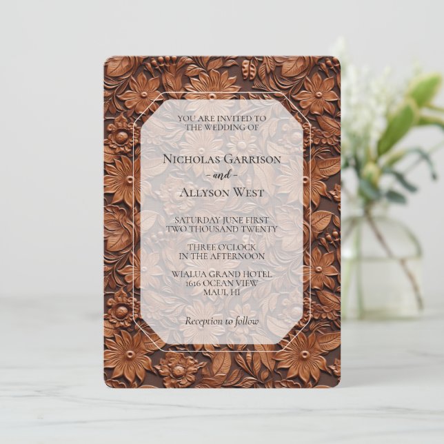 Boho Faux Brown Leather Floral Wedding Invitation (Standing Front)