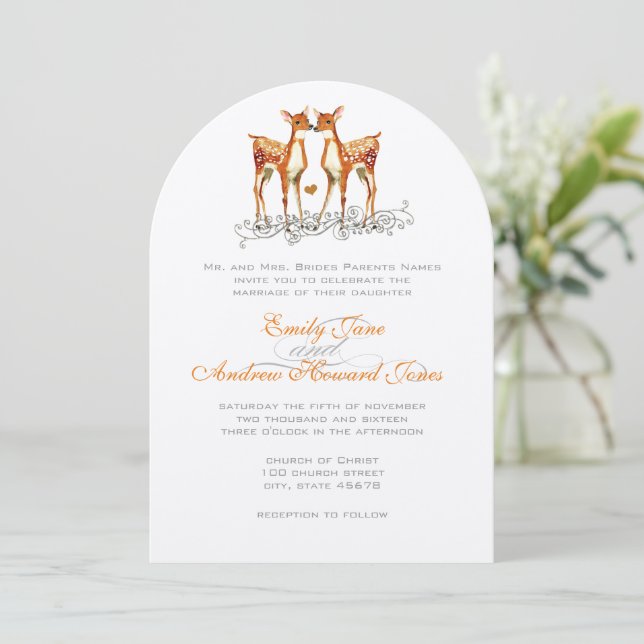 Boho Fawn Deer Childhood Sweathearts Wedding Invitation (Standing Front)