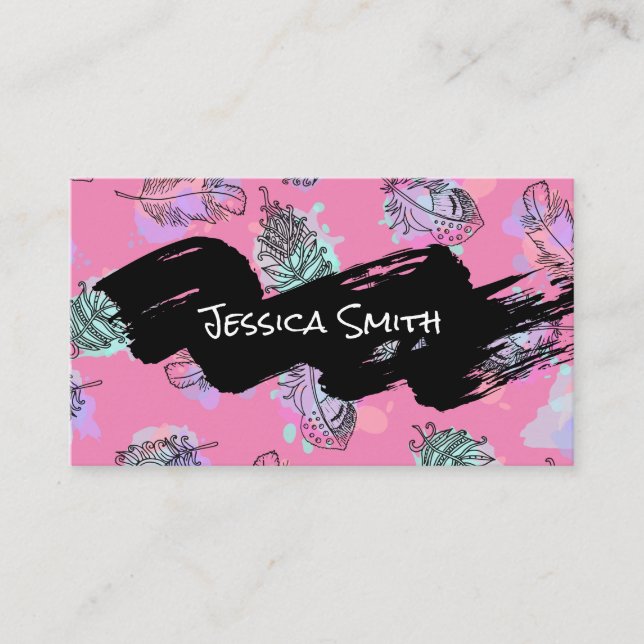 Boho Feather Art Pattern Business Card (Front)