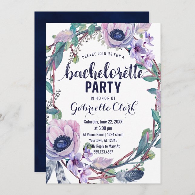 Boho Feather Bachelorette Party Invitation (Front/Back)