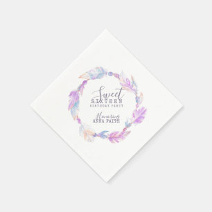 Boho feather bead watercolor 16th Birthday napkins