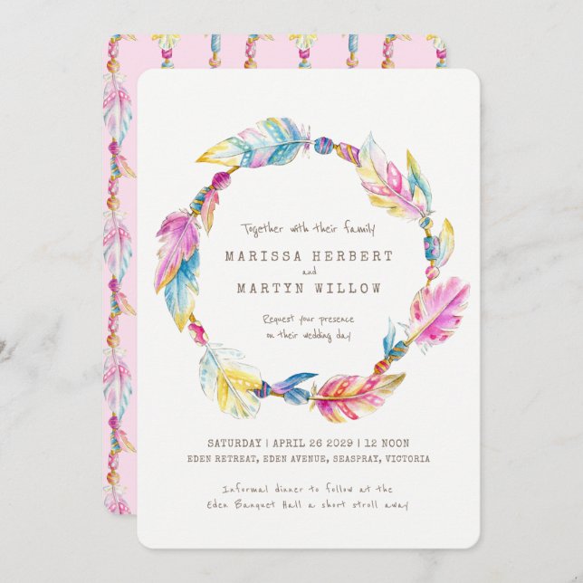 Boho feather beads watercolor pink wedding invites (Front/Back)