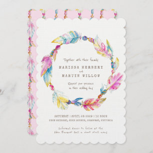 Boho feather beads watercolor pink wedding invites