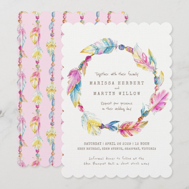 Boho feather beads watercolor pink wedding invites (Front/Back)