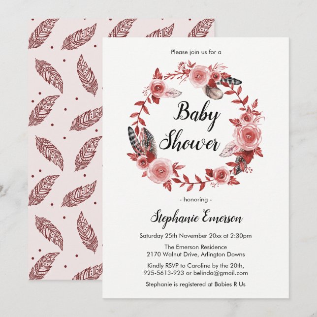 Boho Feather Burgundy Blush Baby Shower Invitation (Front/Back)