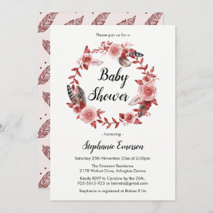 Boho Feather Burgundy Blush Baby Shower Invitation