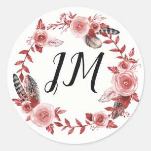 Boho Feather Burgundy Rose Wreath Monogram Wedding Classic Round Sticker