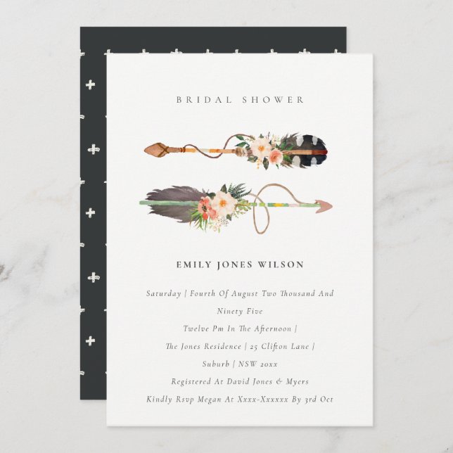 Boho Feather Floral Arrow Bridal Shower Invite (Front/Back)