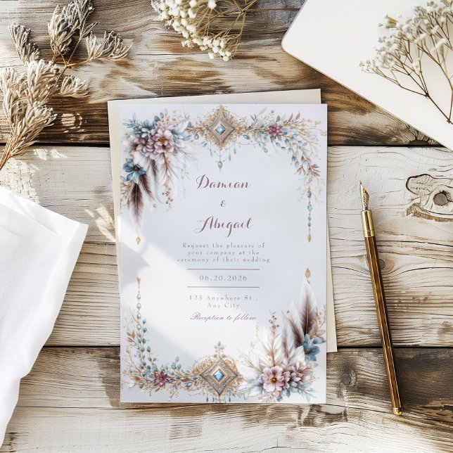 Boho Feather Floral Gold Jewel Frame Wedding Invitation (Creator Uploaded)