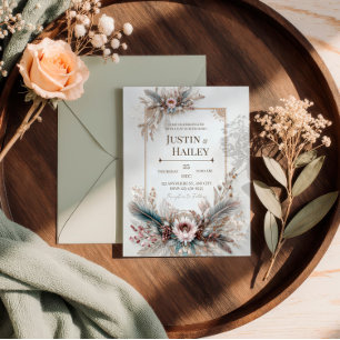 Boho Feather Floral Pink Gold Frame Wedding Invitation