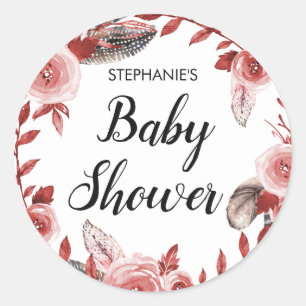 Boho Feather Floral Wreath Baby Shower Classic Round Sticker