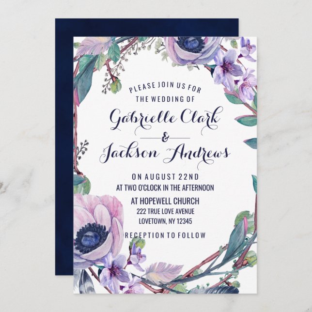 Boho Feather & Floral Wreath Wedding Invitations (Front/Back)