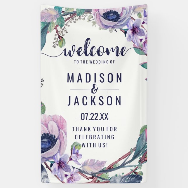 Boho Feather & Floral Wreath Wedding Welcome Banner (Vertical)