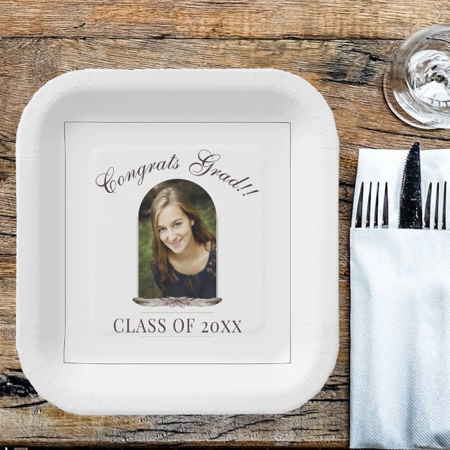 Boho Feather Frame Photo Graduation Party Paper Plate (Boho Feather Frame Photo Graduation Party Paper Plates)