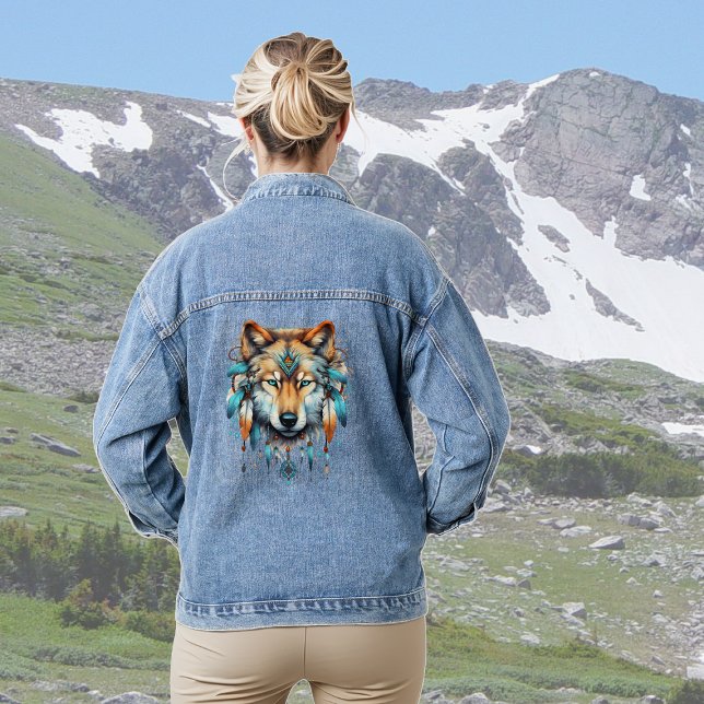 Boho Feather Native American Wolf Denim Jacket (Creator Uploaded)