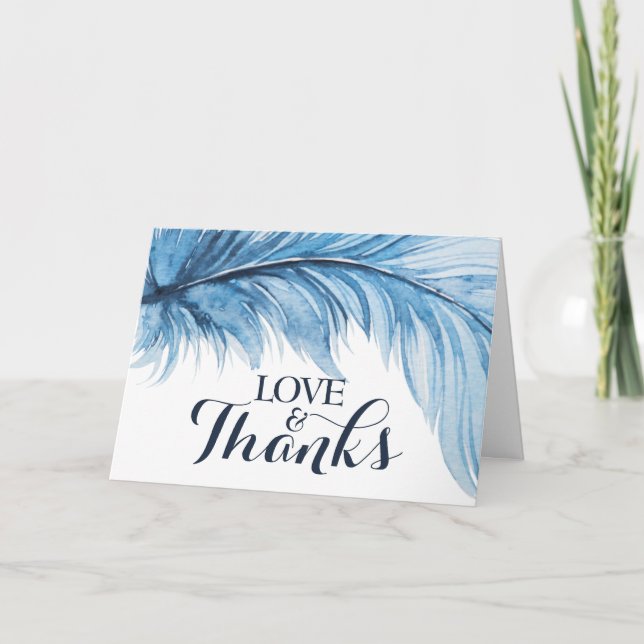 Boho Feather Navy Blue Watercolor Wedding Thank You Card (Front)