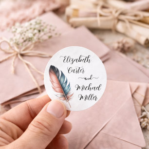 Boho Feather Pastel Elegant Wedding Round Sticker