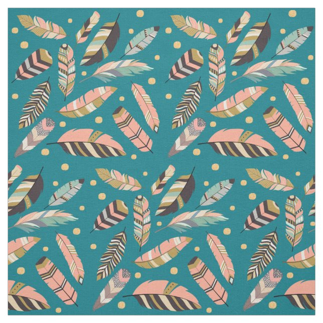 Boho Feather Pattern on Teal Fabric (Swatch)
