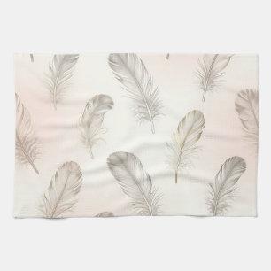 Boho Feather Pattern Soft Neutral Tones Tea Towel