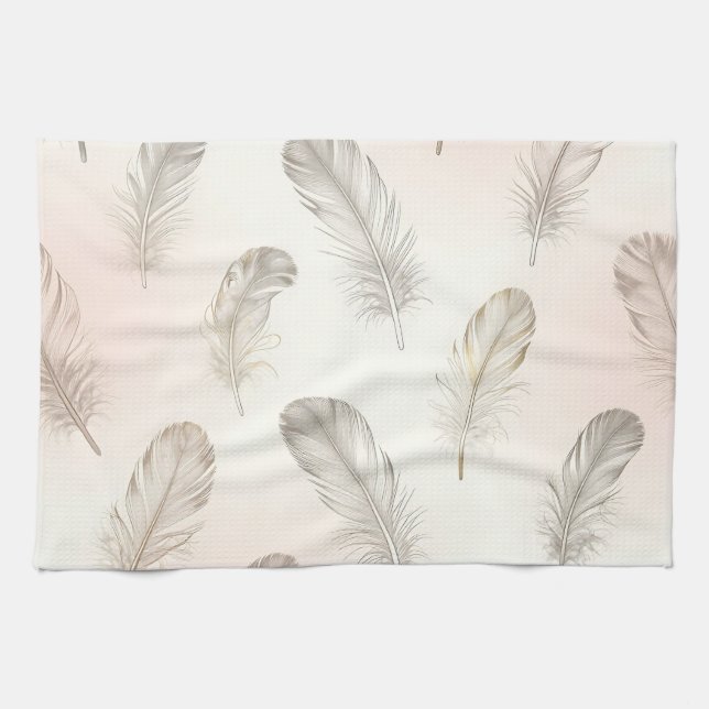 Boho Feather Pattern Soft Neutral Tones Tea Towel (Horizontal)