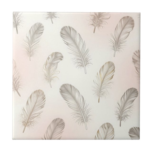 Boho Feather Pattern Soft Neutral Tones Tile (Front)