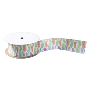 Boho Feather Pattern Watercolor Rainbow Satin Ribbon