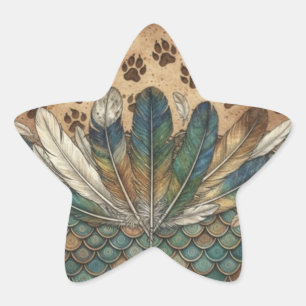 Boho Feather & Paw Prints Earthy Animal spiritual  Star Sticker