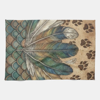 Boho Feather & Paw Prints Earthy Animal spiritual  Tea Towel