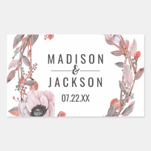 Boho Feather Peach Floral Wreath Wedding Monogram Rectangular Sticker