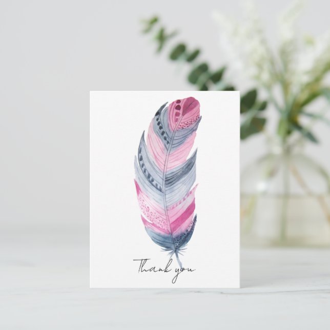 Boho Feather Pink Grey Watercolor Thank you Postcard (Standing Front)