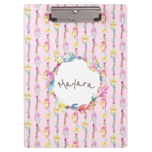 Boho feather watercolor art name pink clipboard (Front)