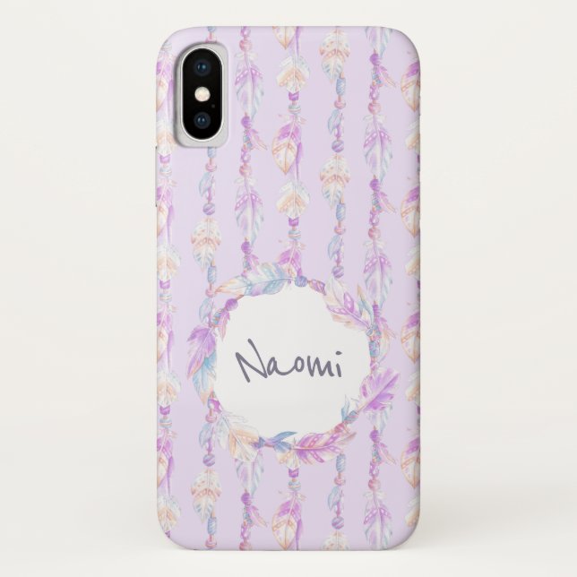 Boho feather watercolor art name purple case (Back)