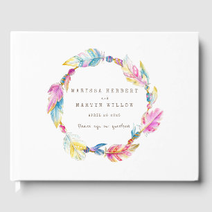 Boho feather watercolor colourful wedding guestboo guest book