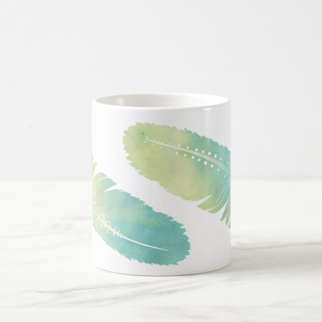 Boho Feather Watercolor Green and Blue Coffee Mug (Center)