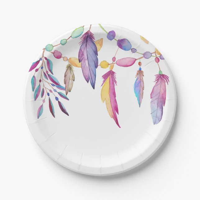 Boho Feather Watercolor Indian Southwestern Paper Plate (Front)