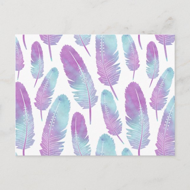 Boho Feather Watercolor Purple and Blue Postcard (Front)
