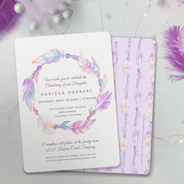 Boho feather watercolor purple christening invitation (Creator Uploaded)