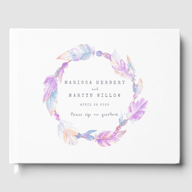 Boho feather watercolor purple wedding guestbook (Front)